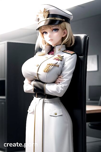 Blonde Commissar with Massive Tits and Thin Waist in Tight Uniform Straining Buttons, Arms Crossed, 3D Hentai Sex