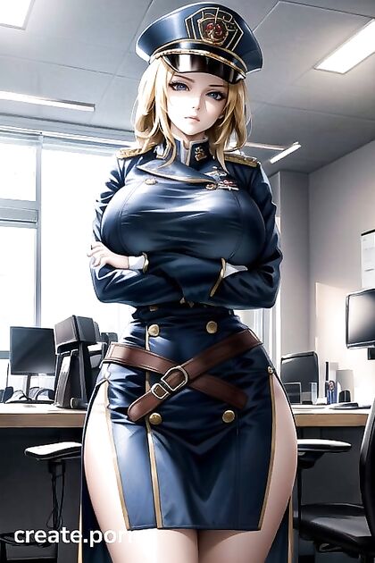 Cop Babe with Massive Tits Straining Her Buttoned-Up Uniform, Thin Waist, Blonde Hair, and Seductive Blue Trenchcoat