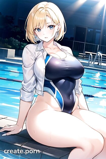 Android 18 Spreads Thick for Poolside Peek in Tight Competition Swimsuit