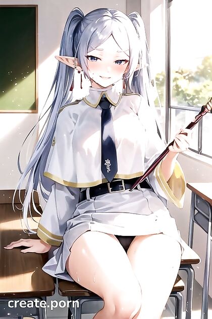 Sweaty Frieren Lifts Her skirt Smiling Blushfully in Warm Anime Classroom