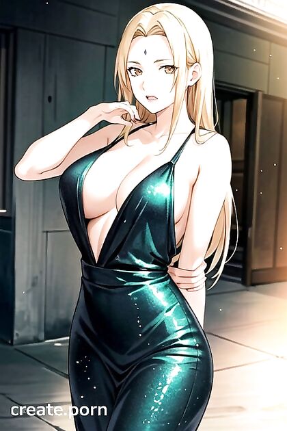 Tsunade Strips Seductively in Shiny Sequins Hands Bound Behind Her Back