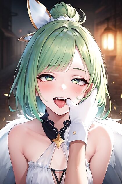 Green-Haired Fairy Sucking Thumb in Erotic AI-Generated Hentai.