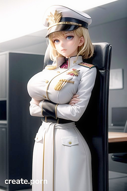 Blonde Commissar with Massive Tits and Thin Waist in Tight Uniform Straining Buttons, Arms Crossed, 3D Hentai Sex