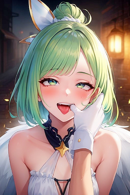 Green-Haired Fairy Sucking Thumb in Erotic AI-Generated Hentai.